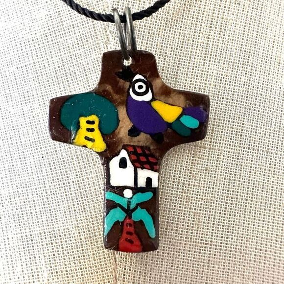 Coconut shell hand painted cross pendant necklace on cord - Picture 1 of 6